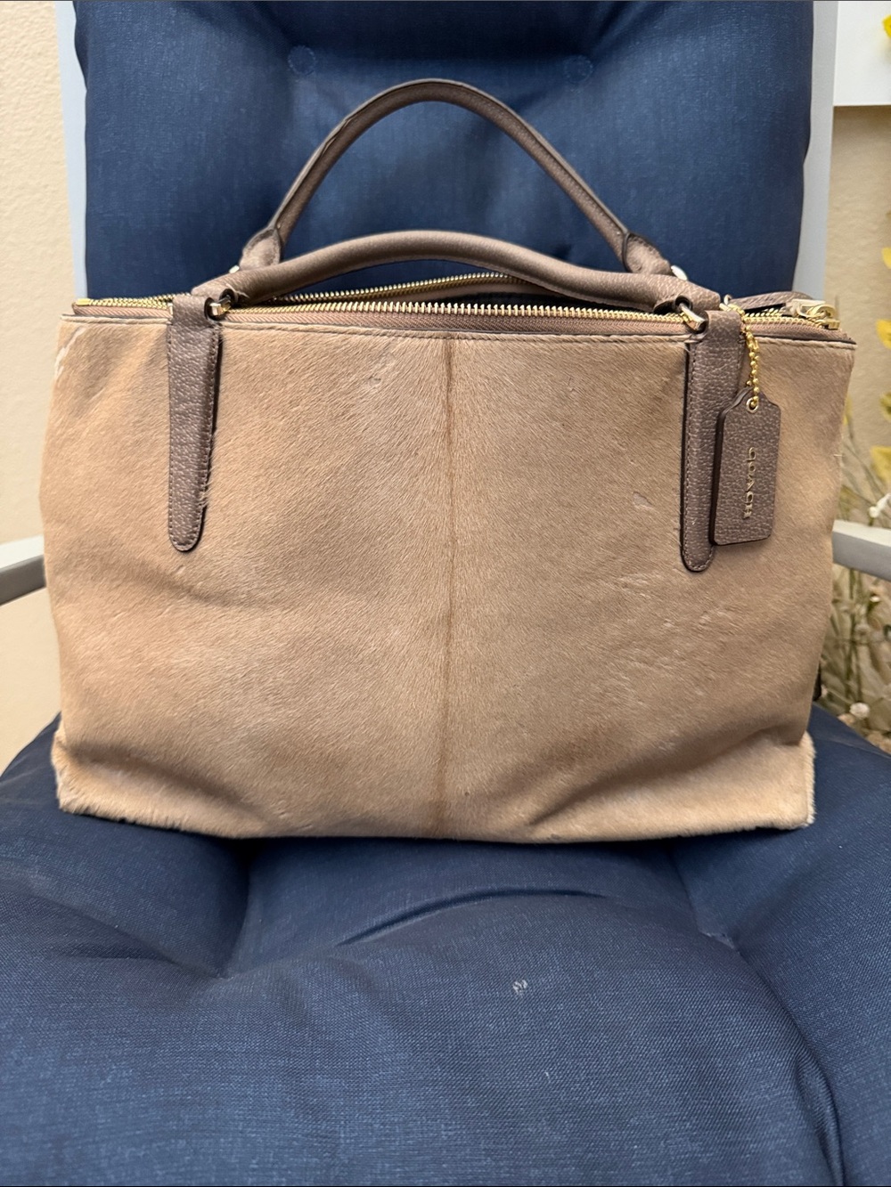 Coach Taupe Haircalf Top Handle Tote with Leather Trim
